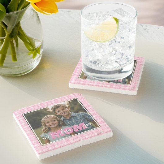 私たちはあなたを愛するママ写真ピンクの格子柄の母の日 ストーンコースター