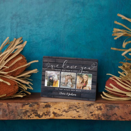 私たちはあなたを愛するママ家族の写真コラージュのスクリプ素朴ト フォトプラーク (側面)