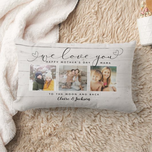 私たちはあなたを愛するママ家族の写真コラージュのスクリプ素朴ト ランバークッション (ブランケット)