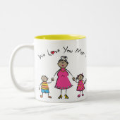 私たちはあなたを愛するママ漫画の家族ハッピー母の日 ツートーンマグカップ (左)