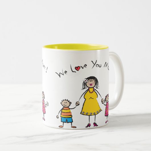 私たちはあなたを愛するママ漫画の家族ハッピー母の日 ツートーンマグカップ (正面右)