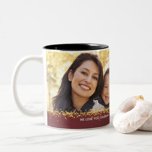 私たちはあなたを愛する家族の写真金ゴールド輝く ツートーンマグカップ (ドーナツ)