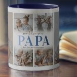 私たちはあなたを愛するPapa写真コラージュマグ マグカップ<br><div class="desc">特別な父親のためのパーソナライズされたコーヒーマグは、子供の6つのフォトコラージュテンプレート、トレンディーの青いグラデーションフォントの「私たちはパパを愛する」という言葉、子供の名前をフィーチャー。</div>