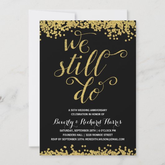 私たちはいまだに愛を誓う | 偽のゴールド箔 アニバーサリーパーティー 招待状 (正面)