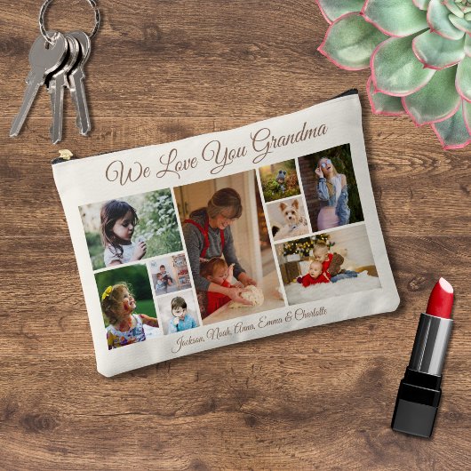 私たちはおばあちゃんを愛している | オフホワイトとブラウン9枚の写真 アクセサリーポーチ