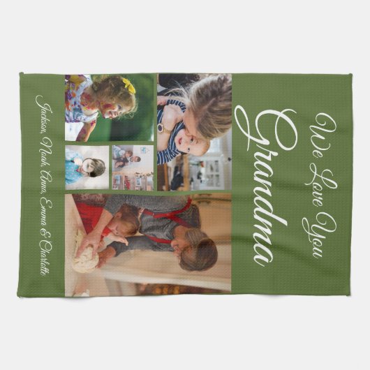 私たちはおばあちゃんを愛している | オリーブエレガントグリーン5写真 キッチンタオル (横)