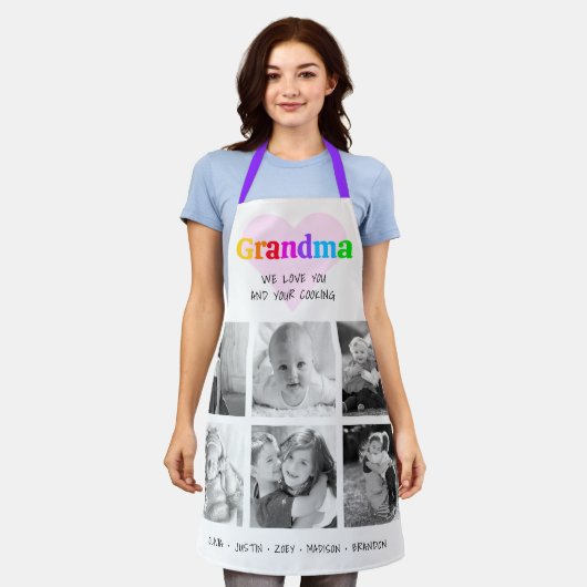 私たちはおばあちゃんカラフルを愛しはっきりしたて6フォトコラージュ エプロン (着用した状態)