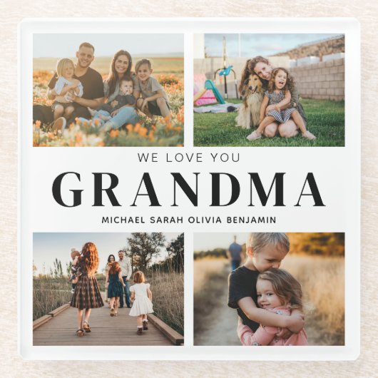 私たちはおばあちゃんパーソナライズされたを愛する4写真コラージュ ガラスコースター (正面)
