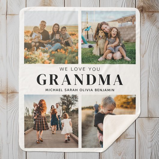 私たちはおばあちゃんパーソナライズされたを愛する4写真コラージュ シェルパブランケット