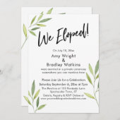 私たちはこっそり結婚しました タイポグラフィ & 緑の水彩植物 招待状 (正面/裏面)