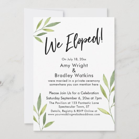 私たちはこっそり結婚 Typography & 緑の水彩植物 招待状 (正面)