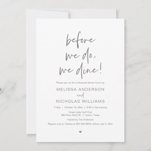 私たちはまず食事から、結婚式のリハーサルディナー 招待状 (正面)