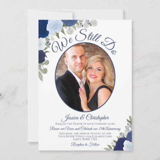 私たちはまだネイビーブルーバラと写真の誓いの更新を行う 招待状 (正面)