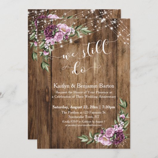 私たちはまだ愛し合っている、素朴な木製のピンクの花のアニバーサリー 招待状 (正面/裏面)