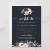 私たちはまだ誓う ネイビーブルッシュ フローラル ゴールド 誓いの更新 招待状 (正面)