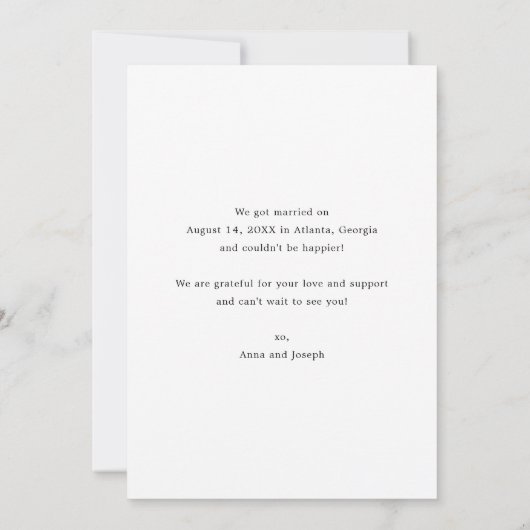 私たちはエレガント書道台本の写結婚真を駆け落ちた 案内状 (裏面)