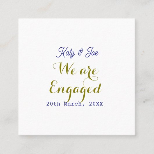 私たちはエンゲージ 紫 ゴールド ネーム 日付 エレガント シンプル スクエア名刺 (正面)