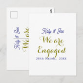 私たちはエンゲージ 紫 ゴールド ネーム 日付 エレガント シンプル ポストカード (正面/裏面)
