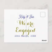 私たちはエンゲージ 紫 ゴールド ネーム 日付 エレガント シンプル ポストカード (裏面)