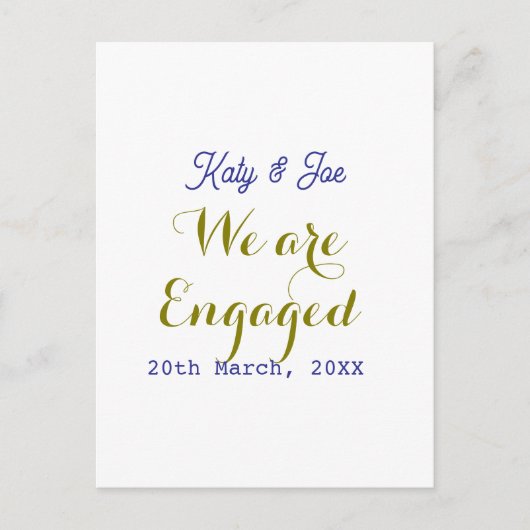 私たちはエンゲージ 紫 ゴールド ネーム 日付 エレガント シンプル ポストカード (正面)