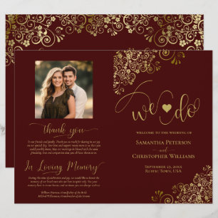 私たちはオーバーン・ブラウン&ゴールドのDIY折りたたみ式結婚式プログラムをします
