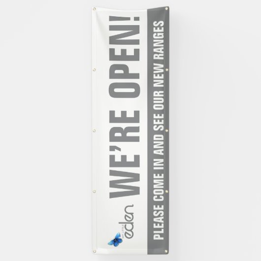 私たちはオープンなビジネスの灰色のロゴとメッセージ 横断幕 (縦)