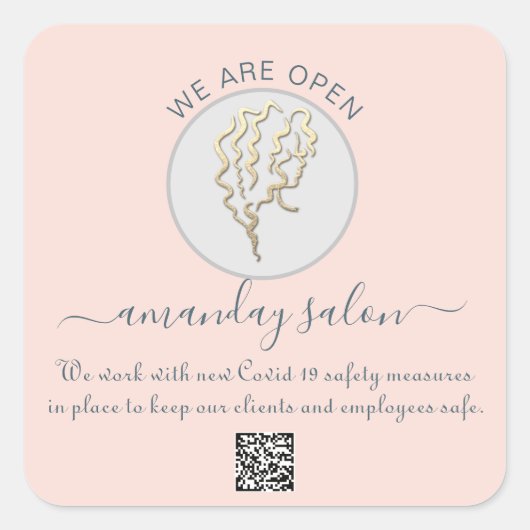 私たちはオープン美しいサロンヘアロゴバラQRコード スクエアシール (正面)