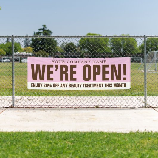 私たちはオープン美しいビジネスのピンクの茶色の白のプロモーション 横断幕 (インサイチュ)