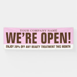 私たちはオープン美しいビジネスのピンクの茶色の白のプロモーション 横断幕