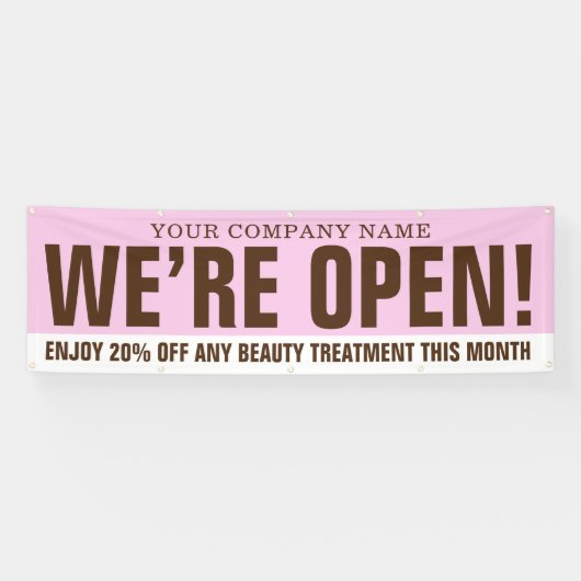 私たちはオープン美しいビジネスのピンクの茶色の白のプロモーション 横断幕 (横)