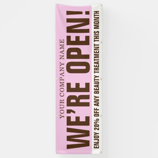 私たちはオープン美しいビジネスのピンクの茶色の白のプロモーション 横断幕 (縦)