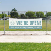 私たちはオープン美しいビジネスティール(緑がかった色)ホワイトロゴプロモーション 横断幕 (インサイチュ)