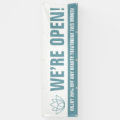 私たちはオープン美しいビジネスティール(緑がかった色)ホワイトロゴプロモーション 横断幕 (縦)