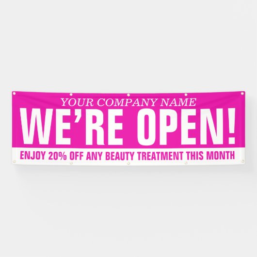 私たちはオープン美しいビジネスピンクの白の看板 横断幕 (横)