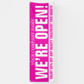 私たちはオープン美しいビジネスピンクの白の看板 横断幕 (縦)