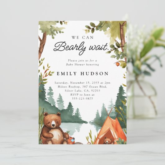 私たちはキャンプの赤ちゃんシャワー素朴を待つことができる 招待状 (スタンド正面)
