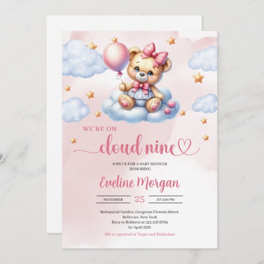 私たちはクラウド9の女の子の赤ちゃんのシャワーの招待に参加している 招待状 (正面/裏面)