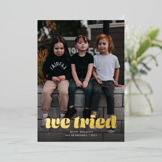 私たちはクリスマスおもしろいの写真を試した 箔シーズンカード (立ち正面)