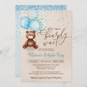 私たちはテディベアのボーイシャワーを早く待つことができる 招待状 (正面/裏面)
