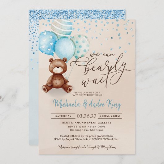 私たちはテディベアのボーイシャワーを早く待つことができる 招待状 (正面/裏面)