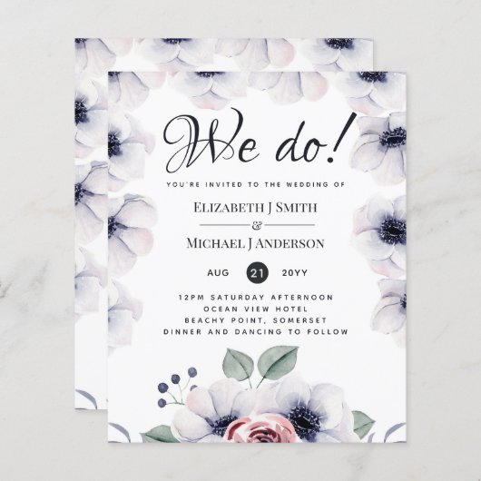 私たちはネイビーブルーホワイトフローラ結婚式の招待をする (正面/裏面)