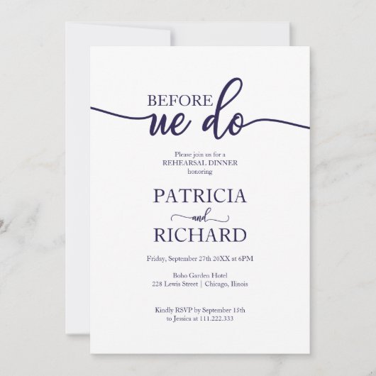 私たちはネイビーブルーホワイトリハーサルディナーをする前に 招待状 (正面)