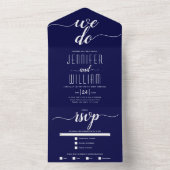 私たちはネイビー青の白い台本の書道結婚を行う オールインワン招待状 (内側)