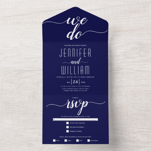私たちはネイビー青の白い台本の書道結婚を行う オールインワン招待状 (内側)