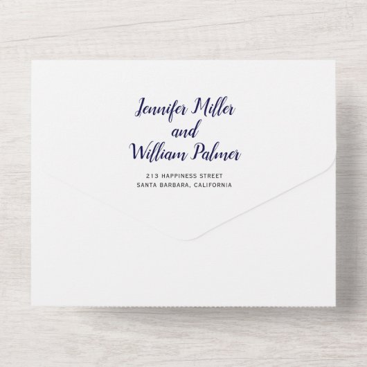 私たちはネイビー青の白い台本の書道結婚を行う オールインワン招待状 (裏面)