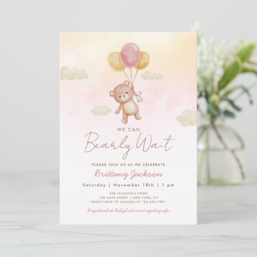 私たちはバルーンが赤ちゃんシャワーピンクを負担して待つことができる 招待状 (スタンド正面)