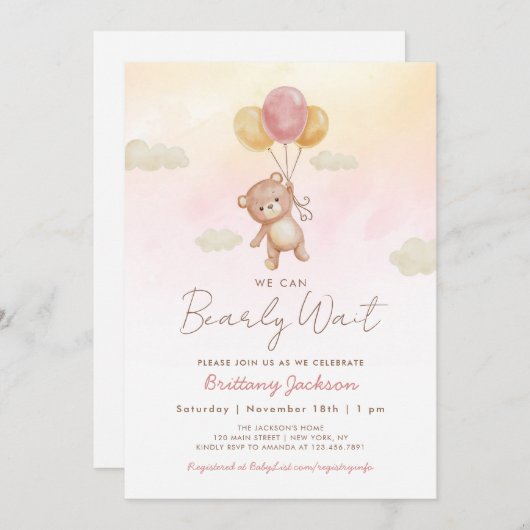 私たちはバルーンが赤ちゃんシャワーピンクを負担して待つことができる 招待状 (正面/裏面)