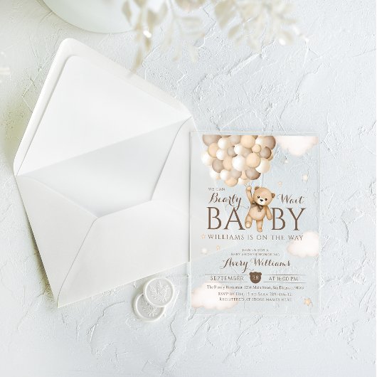 私たちはバルーンベア赤ちゃんシャワーを待つことができる アクリル招待状