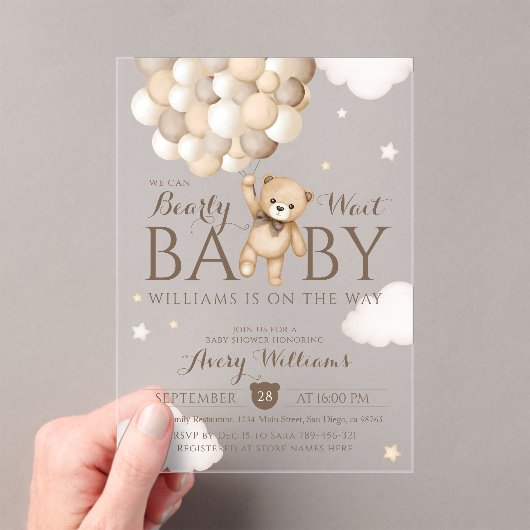 私たちはバルーンベア赤ちゃんシャワーを待つことができる アクリル招待状 (インサイチュ (ポータブル))