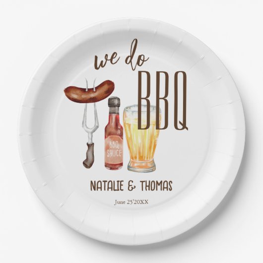 私たちはバーベキューブライダルシャワーカップルのシャワーを行う ペーパープレート (正面)